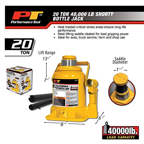 Performance Tool W1644 20 Ton (40,000 lbs.) Heavy Duty Shorty Bottle Jack - size: 20-Ton - Shorty