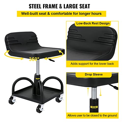 VEVOR Mobile Rolling Seat, 300LBS Capacity, 15.7" to 20.5" Adjustable Height, Mechanic Rolling Stool with Swivel Wheels and Tool Tray, for Workshop, Auto Repair Shop, Black