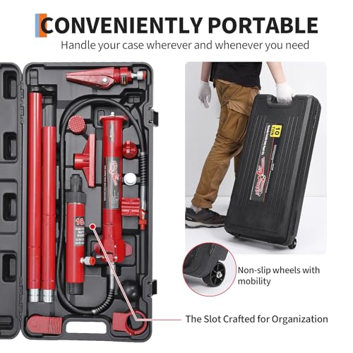 GarveeTech 10 Ton Porta Power Kit with Wheeled Storage Case, Hydraulic Jack Kit Ram Pump & 4.6 Ft/1.4 m Oil Hose for Automotive, Garage, Farm, Heavy Equipment