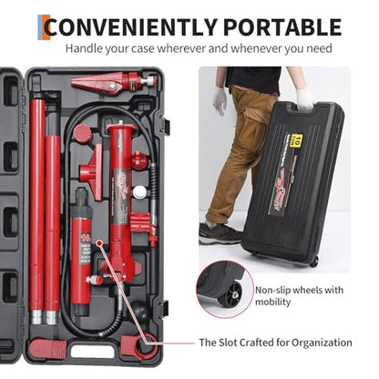GarveeTech 10 Ton Porta Power Kit with Wheeled Storage Case, Hydraulic Jack Kit Ram Pump & 4.6 Ft/1.4 m Oil Hose for Automotive, Garage, Farm, Heavy Equipment