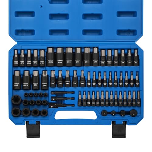 CASOMAN 71-Piece Master Hex & Torx Bit Socket Set, 1/4" & 3/8" & 1/2" Drive, Metric/SAE Hex Bit Sockets, Star Bit Sockets (T6 - T70), E-Torx Sockets (E4 - E24), with Storage Case - size: 66-Piece Torx & Hex Bit Socket Set