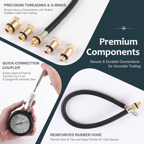 Engine Compression Tester Kit 8PCS, 0-300 PSI Cylinder Pressure Test Tool for Gasoline Engines on Cars, Motorcycles, ATVs & Small Engines with Dual Scale Gauge and Adapters (Red-8PC)