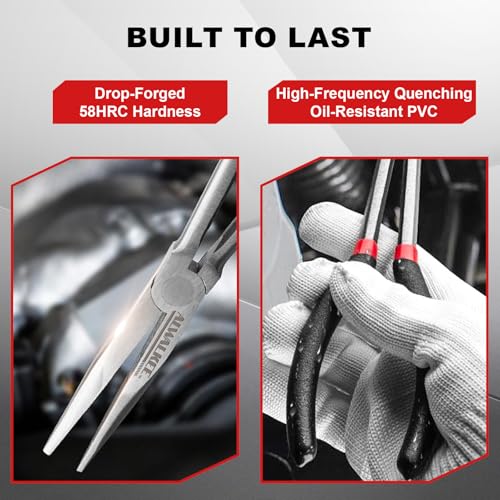 11" Extended Needle Nose Pliers Set, 6-Piece Hose Grip Pliers with Bent & Straight Jaws, Carbon Steel for Tight Spaces