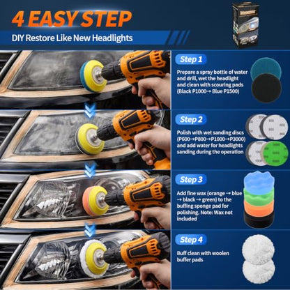 VIBRATITE 32PCS Headlight Restoration Kit, 3" Drill Sanding & Polishing Kit | Removes Cloudy Headlights, Oxidation, Yellowing and Minor Scratches, Restorer to Like-New Condition - size: 32 PCS