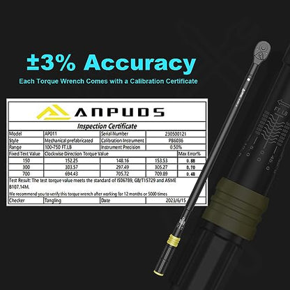 ANPUDS 3/4" Click Torque Wrench, 100-750 Ft-Lb/135.5-1017 Nm, Heavy Duty | ±3% Accuracy, 48-Tooth Quick Release, Cr-V Steel, Dual-Direction, for Semi Truck, Tractor, Diesel Engine, Farm & Industrial - size: 100-750 ft-lb / 135.5-1016.3 Nm