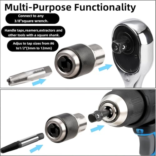 3PCS Adjustable Tap Socket Set, 3/8" Drive Tap Holder Adapter, for #6-1/4" & 1/4"-1/2" Taps, Reamer & Tap Chuck for Ratchet Wrench, Mechanical Repair Tapping Tools