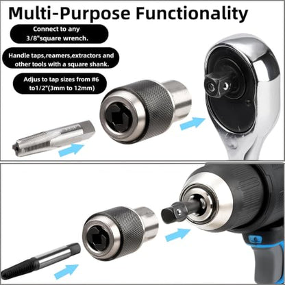 3PCS Adjustable Tap Socket Set, 3/8" Drive Tap Holder Adapter, for #6-1/4" & 1/4"-1/2" Taps, Reamer & Tap Chuck for Ratchet Wrench, Mechanical Repair Tapping Tools