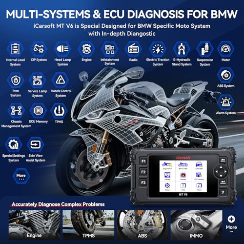 iCarsoft Bidirectional Diagnostic Tool for BMW Motorcycle, Full Systems Diagnostic for BMW Motobike, 197 Active Tests Motorcycle OBD2 Scanner with 115 Reset, Battery Test, Graphic Live Data