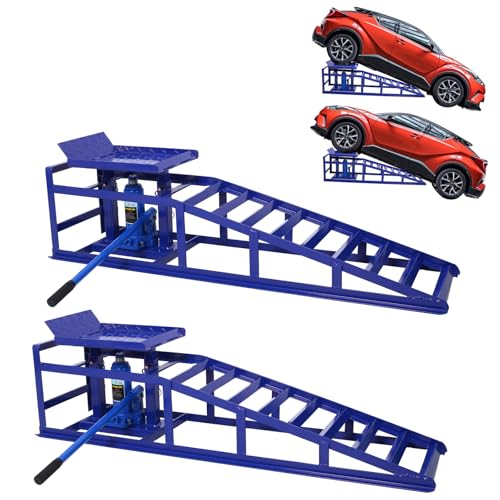 Anwick 2 Pack Hydraulic Car Ramps for Oil Changes, 5T Heavy Duty Steel Truck Ramps, Adjustable Lift Height, Low Profile Car Lift Ramp with Hydraulic Jack, Car Lifts for Home Garage (Blue, 45") - color: Blue