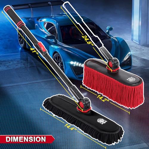 Car Duster Exterior, Dual Head, 4 Pcs, Black | Telescoping pole for boats. Chenille auto wash brush scrubs grime, while dry mop sweeps dust. - color: Red Black