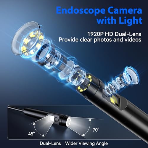 Endoscope Camera with Light, Dual-Lens 1920P HD Borescope Tools with 8+1 Adjustable LED Lights, 16.4FT Semi-Rigid Snake Cord IP67 Waterproof Inspection Camera for iPhone, iPad, iOS and Android Phone - size: 16.4FT, style: Dual Lens