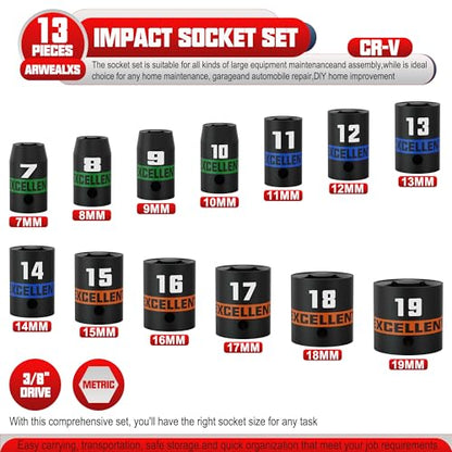 13 Pieces 3/8-Inch Drive Impact Socket Set, 7-19mm Shallow Socket, 6 Point Metric Sockets for Automotive Repair, Equipment Maintenance - size: 3/8 Inch Metric