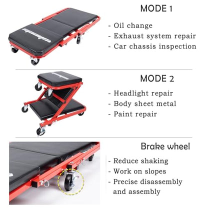 Mechanic Creeper 36 Inches 2-in-1 Z Seat with Brake, 340 lbs Capacity, Foldable Garage Chair Adjustable Rolling Folding with 6 pcs Wheels Roller, Lay Down or Sit Under Car Auto Repair Red Black - color: Red & Black