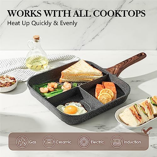 Sensarte Nonstick 11-Inch Square Grill Pan, 3-Section Versatile Breakfast Skillet, Die-cast Aluminum, PFOA, PFOS, APEO Free, Induction, Gas, Electric, Glass, Ceramic - color: Gray Granite-3 Section, size: 11 Inch