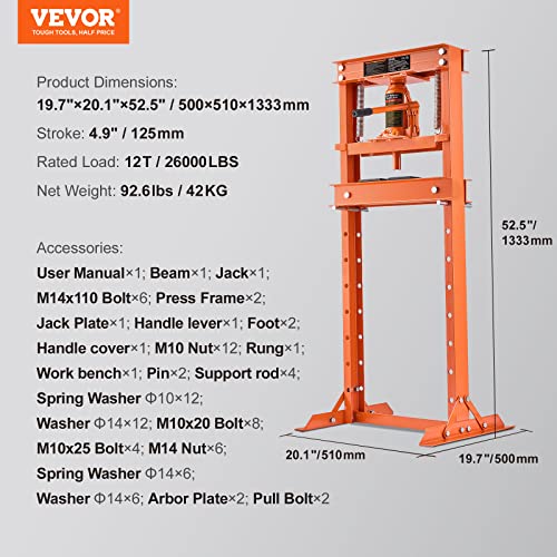 VEVOR Hydraulic Shop Press, 12 Ton/26000lbs, H-Frame, 4-Hold Adjustable Height, with Movable Plates, for Garage or Professional Users, Orange - size: 12T