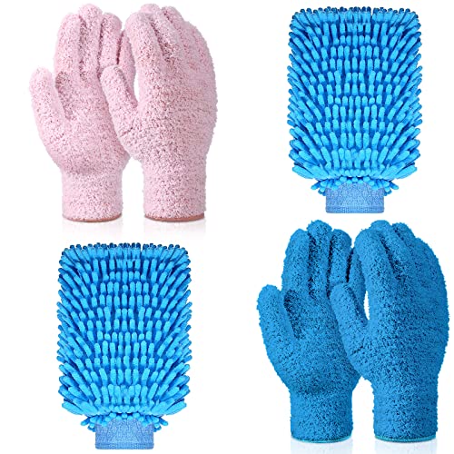 Potchen 6 Pcs Microfiber Dusting Mitt Gloves for Plants Washable Dusting Gloves for House Cleaning Furniture Car Washing - color: Pink, Blue