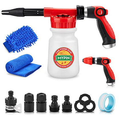 Car Wash Foam Gun/Hose Sprayer, 16 IN 1 Foam Cannon for Car/Garden Cleaning | Adjustable with 2.5-6 Ratio Dial Foam Blaster, 1L Bottle, Nozzles, Mitten&Towel, 1/2” Quick Connector for Garden Hose,Sprayer - style: 16 IN 1 Car Wash Foam Gun