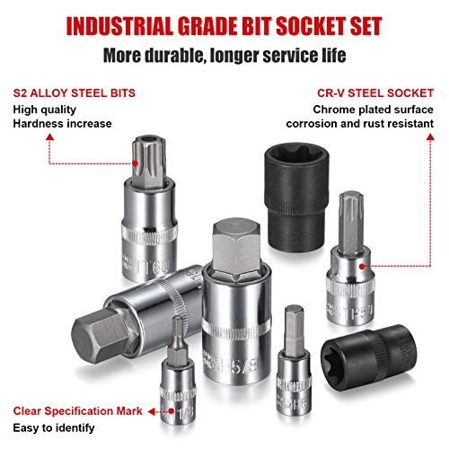 92-Piece Allen and Torx Bit Socket Set, 1/4" 3/8" and 1/2" Drive Tamper Proof Torx/Hex SAE & Metric Bit Set