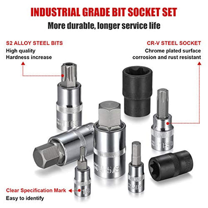 92-Piece Allen and Torx Bit Socket Set, 1/4" 3/8" and 1/2" Drive Tamper Proof Torx/Hex SAE & Metric Bit Set