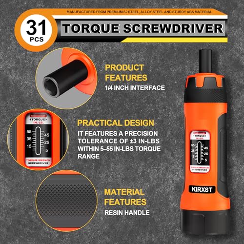 31 PCS 1/4" Drive Torque Screwdriver, 5-55 Inch Pounds Torque Screwdriver Set with S2 Bits and Socket Adapter for Maintenance, Screwdriver Set for Tools, Bike Repairing and Mounting - size: 5-55 in.-lb. S