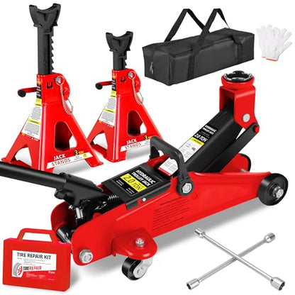 2 Ton (4000 lbs) Capacity, Low Profile Hydraulic Trolley Service/Floor Jack Combo with 2 Ratchet 3 Ton Jack Stands, tire Repair kit, 14-inch Wheel Cross Wrench - color: 2Ton with Jack stands+Tire repair kit+Wrench Red