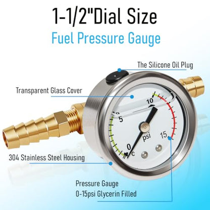 0-15Psi Fuel Pressure Test Kit, Fuel Pressure Gauge Kit, Glycerin Filled Fuel Pressure Regulator with Gauge for Car, 1/8'' NPT Inline Fuel Pressure Gauge with 3/8'' 5/16'' Barb, Back Mount