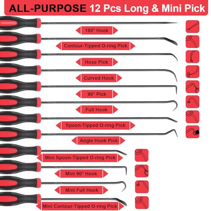 Keze 12 Pcs Pick and Hook Tool Set Includes Long & Mini Precision Pick Tool Kit for Car Auto Oil Seal/O-Ring Seal Gasket Pick Hooks Puller Remove - color: Black-12 Hook and Pick Set