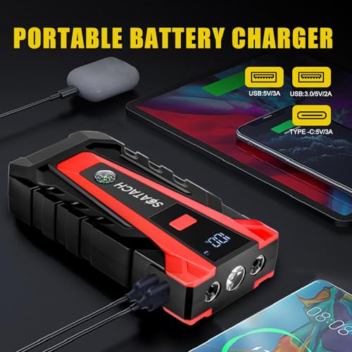 Scatach 5000A Jump Starter, 12V Jump Starter Battery Pack Portable (up to 9.0L Gasoline and 7.0L Diesel Engine), Car Battery Jump Starter Jump Box with LED Light and Jumper Cables - color: ‌dark red