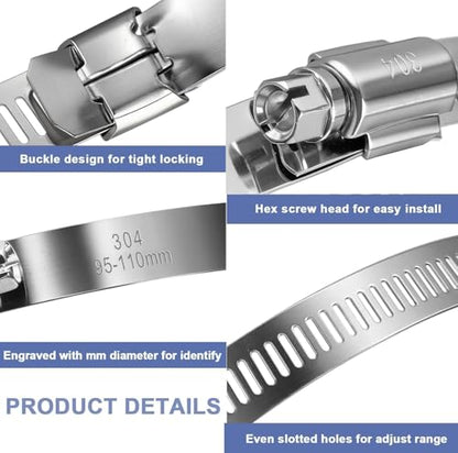 12Pack 4 inch Hose Clamps,Stainless Steel Large Hose Clamp Adjustable from 3-3/4"-4-5/16"/95-110mm,Metal Worm Gear Duct Clamp for Dryer Vent Hose,Fuel Line,Plumbing,Automotive,Exhaust,Radiator - size: 4 inch (3-3/4" - 4-5/16")