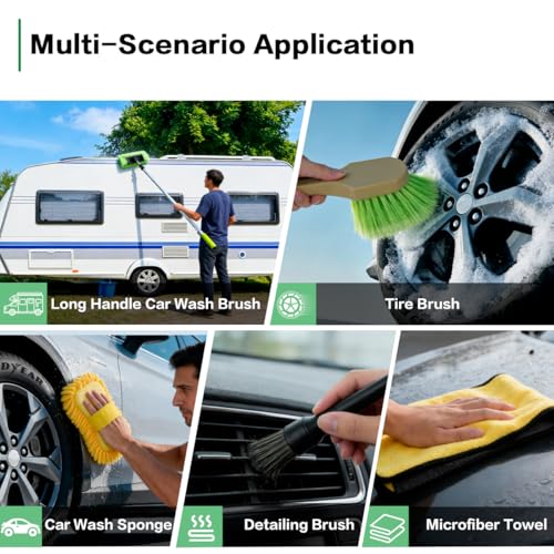 10FT Car Wash Brush with Long Handle, Car Cleaning Kit with Telescoping Pole and Soft Bristles Brush, Detailing Brushes, Tire Brush, Car Wash Sponge & Towel for RV, SUV, Trucks, Floors, House Siding