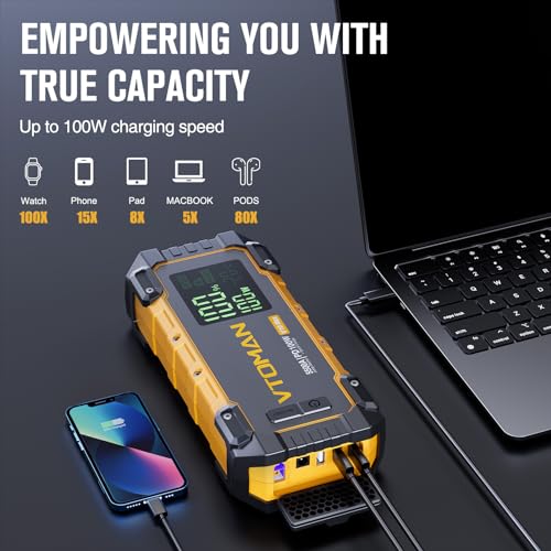 VTOMAN V10 Max 5500A Portable Jump Starter with 100W USB-C Fast Charger | Car Battery Jumper Starter Portable, All Gas or 12L Diesel Engines,12V Jump Start Booster Pack, Jump Box Comes, Pickup Trucks - color: yellow
