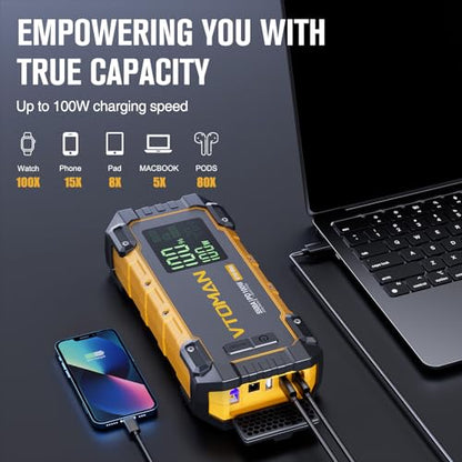 VTOMAN V10 Max 5500A Portable Jump Starter with 100W USB-C Fast Charger | Car Battery Jumper Starter Portable, All Gas or 12L Diesel Engines,12V Jump Start Booster Pack, Jump Box Comes, Pickup Trucks - color: yellow