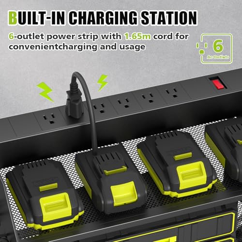 SUNALLY Power Tool Organizer Wall Mount with Charging Station,3 Layer Heavy Duty Metal Tool Storage Rack with 4 Drill Holders, Power Tool Shelf for Garage, Warehouse, Workshop, Gifts for Men, Husband - style: 4 Drill Holders E