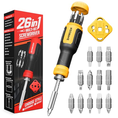 SHARDEN Multi Screwdriver 26 in 1 Screw Driver Set All in One Telescoping Multi Tool with 12 Double Ended CRV Bits Phillips Slotted Torx Hex Portable Repair Kit for Home Furniture Bike Computer - color: Yellow, size: Extendable-NonRatchet