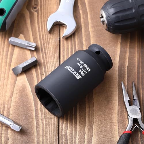 Feekoon Axle Nut Impact Socket, 30mm, 12 Point, 1/2 Inch Drive, CR MO, Spindle Nut Socket for Removing Axle Shaft Nuts, Universal Fit Nuts Remover, Deep Well Hub Release Tool for Impact Wrench