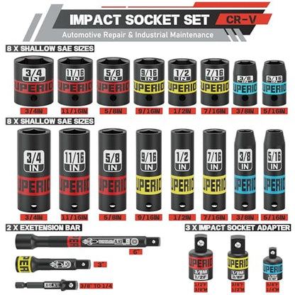50 Piece 3/8" Drive Impact Socket Set, SAE (5/16"-3/4") and Metric (7 mm-19 mm), Deep & Shallow Sockets with Extension Bars, Adapters, Automotive Repair & Industrial Maintenance - size: 3/8" Metric & SAE