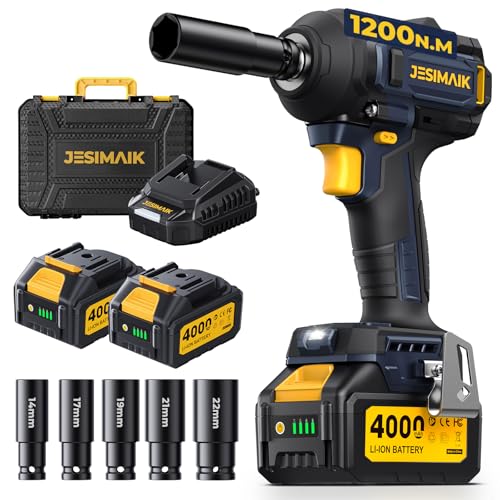 JESIMAIK Cordless Impact Wrench 1200N (900Ft-lbs) 1/2'' High Torque Impact Wrench with 2×4.0Ah Batteries, Impact Gun with 4impact modes & 5 Sockets & Case for Car, Truck, Mower - color: Blue