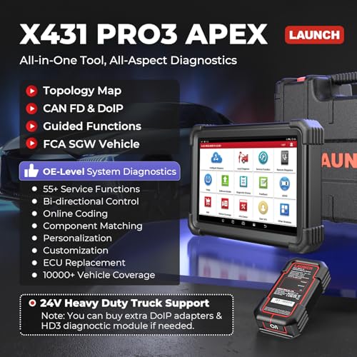 LAUNCH X431 Scanner PRO3 APEX Bidirectional Scan Tool 2026 Upgraded, OEM Topology Map, Online Coding, HD Truck, 55+ Services All-System car Diagnostics Tool,10.1 Inch, CAN FD & DoIP, FCA & Renault SGW