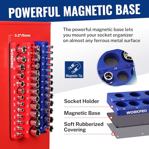 WORKPRO 8-Piece Magnetic Socket and Wrench Organizer Set | 6-Piece Socket Holders, 1/4" 3/8" 1/2" DR Tool Trays, For Metric SAE Sockets, 2-Piece Wrench Holders, For Metric SAE Wrenches