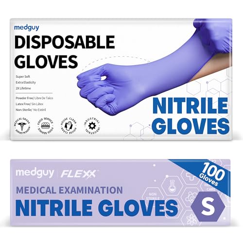 Medguy Medical Nitrile Exam Gloves, 4 Mil Powder-Free Latex-Free Disposable Food-Safe Cooking Cleaning, Blue-Violet 100 Pcs - color: Small (Blue-violet)