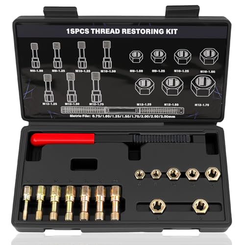 15-Piece Metric Thread Chaser Set, M6 M8 M10 M12 Thread Restorer Tool, Rethreading Repair Kit with Taps, Dies, and Files