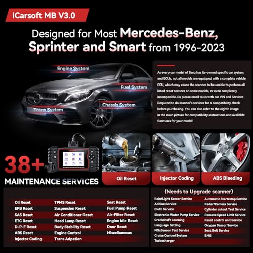iCarsoft MB V3.0 Bidirectional Scan Tool for Most Mercedes-Benz/Sprinter/Smart 39 Reset Service All System Scanner Full Active Test Quick Auto VIN Diagnostic Tool Car Code Reader with 38 Pin for Benz
