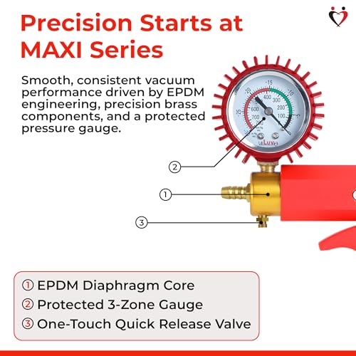 LeLuv Maxi Vacuum Pump - Manual Hand Vacuum (0-30 Hg, 0-760 mmHg) with Ergonomic Nylon Handle, Release Valve, & Rubber Protected Pressure Gauge (1/8" NPT), Compatible with LeLuv Pump Series - Red - color: Red