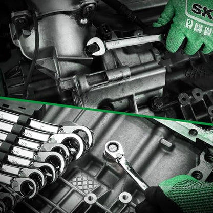 SK Reversible Ratcheting Wrench Set, Combination Wrench Set, 13-Piece, SAE 1/4" to 1", 72-Tooth, Premium CR-V Construction, with Rack Organizer - size: 6.35-25.4 mm