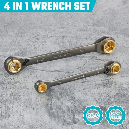 DURATECH 4-in-1 Anti-Slip Reversible Ratcheting Box Wrench Set, SAE | Double Box End, 2-Piece, 5/16", 3/8", 7/16", 1/2" & 9/16", 5/8", 11/16", 3/4", CR-V Steel, Nickel Plated, Rolling Pouch - style: Anti-slip & SAE