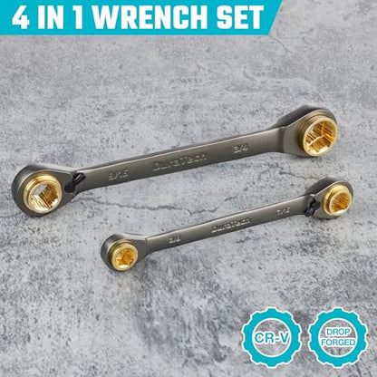 DURATECH 4-in-1 Anti-Slip Reversible Ratcheting Box Wrench Set, SAE | Double Box End, 2-Piece, 5/16", 3/8", 7/16", 1/2" & 9/16", 5/8", 11/16", 3/4", CR-V Steel, Nickel Plated, Rolling Pouch - style: Anti-slip & SAE