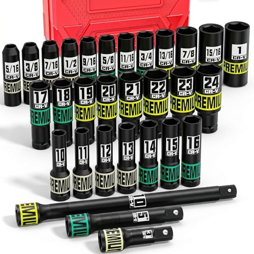 30PCS 1/2" Drive Impact Socket Set, SAE (5/16"- 1") and Metric (10mm-24mm) Deep Socket, Including Impact Extension Bar 3 ", 5", 10", 6 Point, Suitable for Automotive and Machinery - size: 1/2" 30pcs