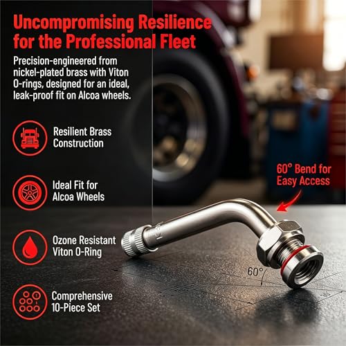TR545D Truck Tire Valve Stems – 60° Bend, Fit 22.5" & 24.5" Alcoa Aluminum Wheels, Tubeless, 9.7mm Rim Hole (Pack of 10)