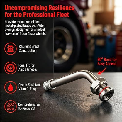 TR545D Truck Tire Valve Stems – 60° Bend, Fit 22.5" & 24.5" Alcoa Aluminum Wheels, Tubeless, 9.7mm Rim Hole (Pack of 10)