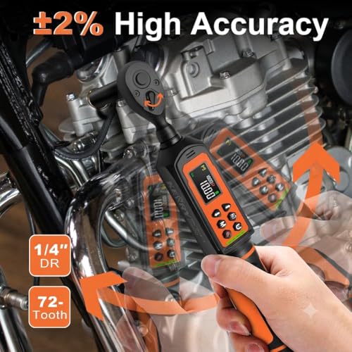 Kerry 1/4 Inch Drive Digital Torque Wrench 0-22.13 LB.FT, ±2% High Accuracy | Five Units of Measure, LED and Buzzer Notification, Easy to Read and Operate, 72 Tooth for Bike Motorcycle - size: 1/4 22ft.lb
